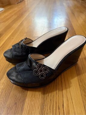 Vintage Coach Black Signature Logo Wedge Slide Sandals 11B